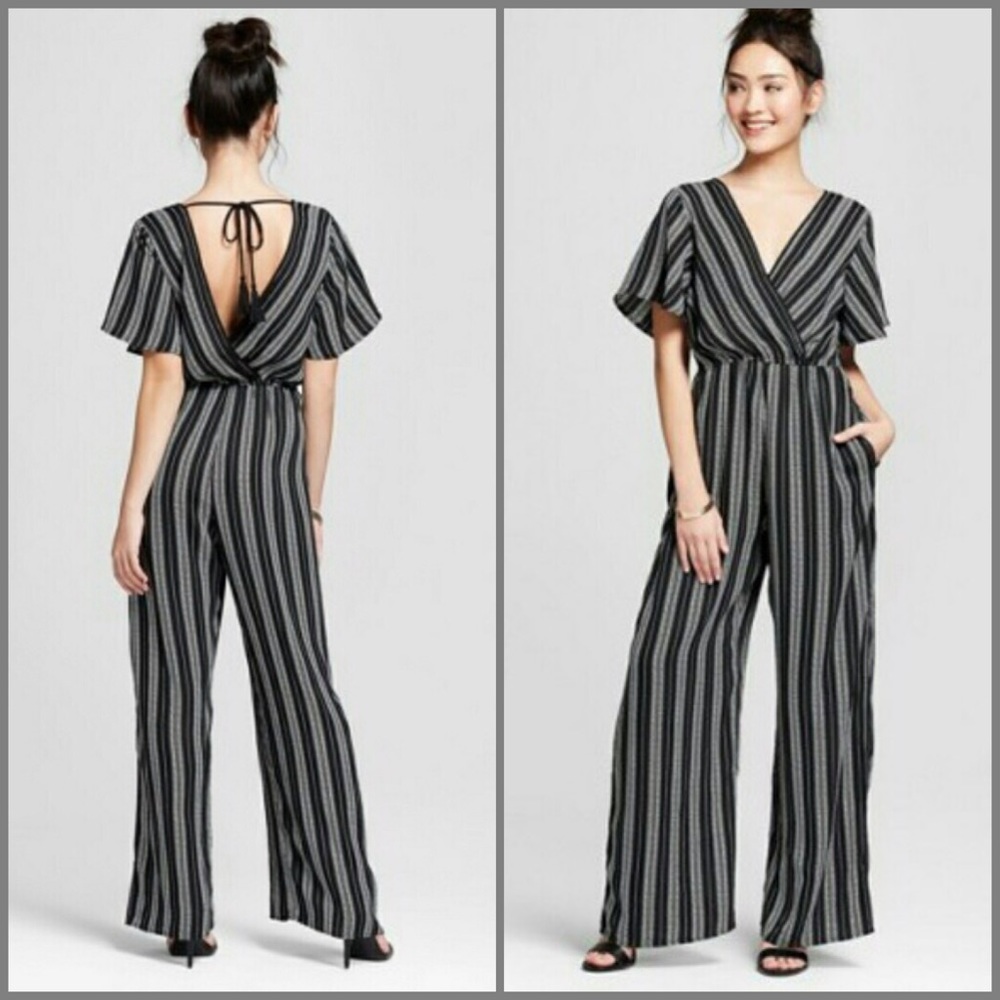 Black & White Striped Wide-leg Jumpsuit